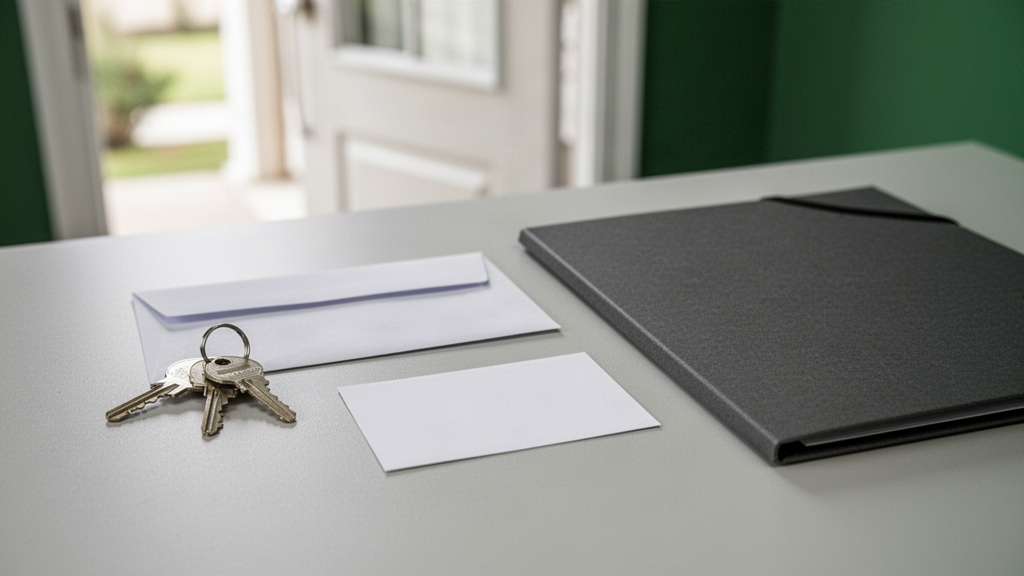 Apartment keys beside a blank envelope, blank address card and document folder for a Pennsylvania move-out.