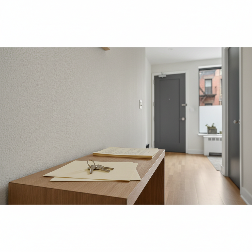 Apartment entryway with keys and rental paperwork representing a roommate or subtenant possession dispute.